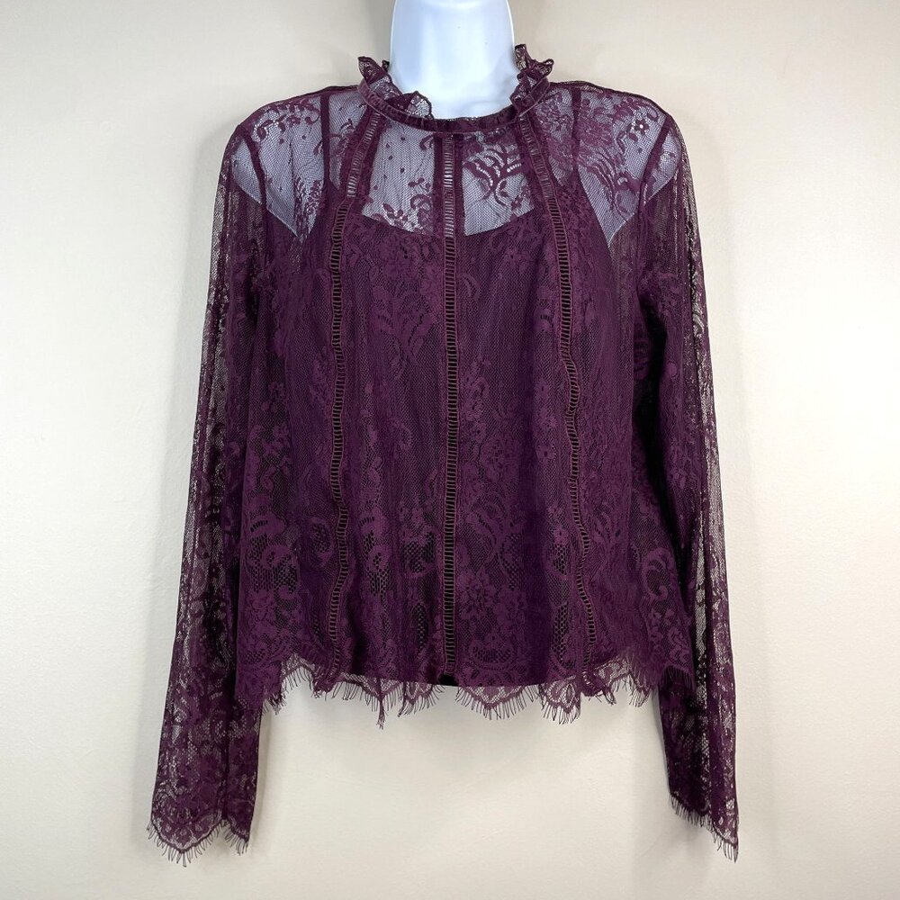 Whimsigoth Womens Victorian Lace Top‎ Size M Gothic Vampire Romantic Velvet Trim